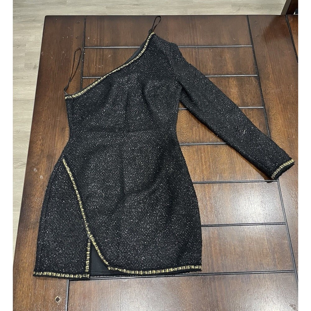 Zara Asymmetric Textured Mini Dress XS One Shoulder Black Gold Trim Slit Party